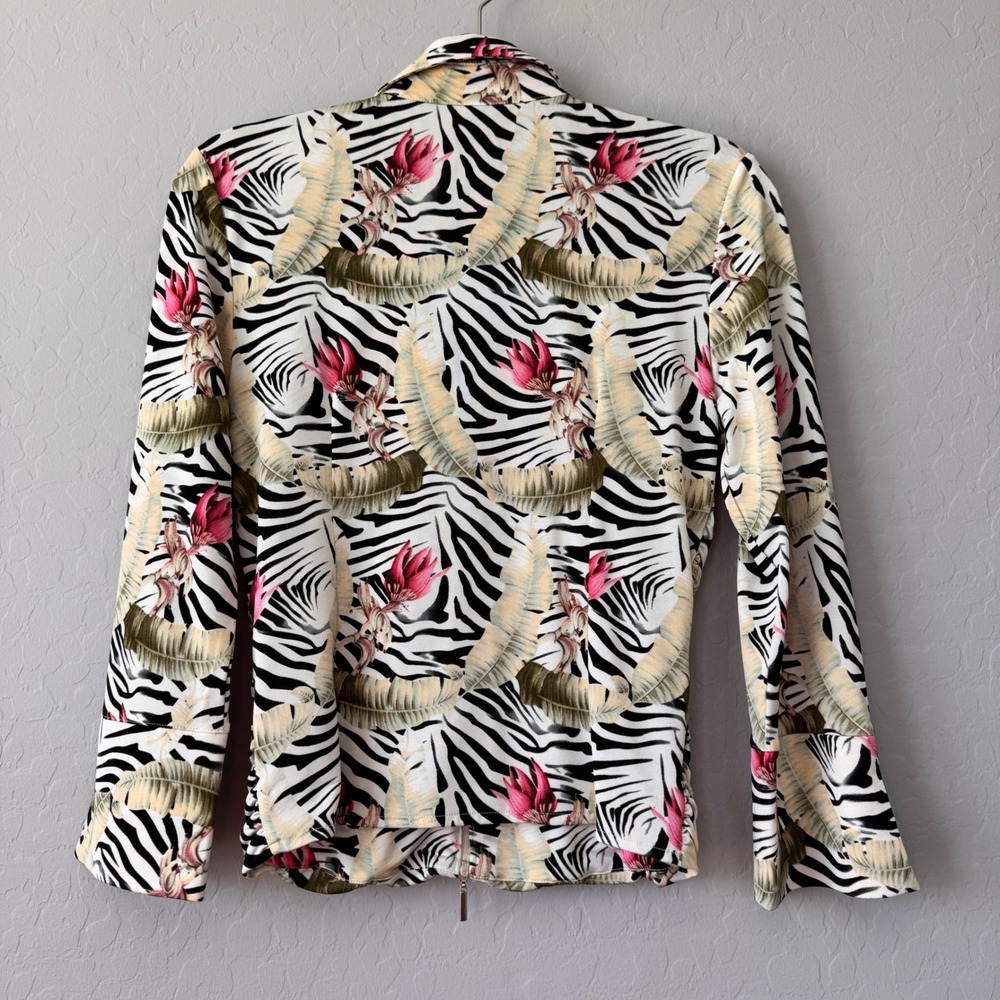 Alberto Makali Zebra Floral Print Ruched Front Zip Up Top Blouse M - Picture 5 of 5